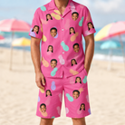 Model wearing Men's Citrus Splash Custom Face Shirt & Shorts Set printed with kids' faces