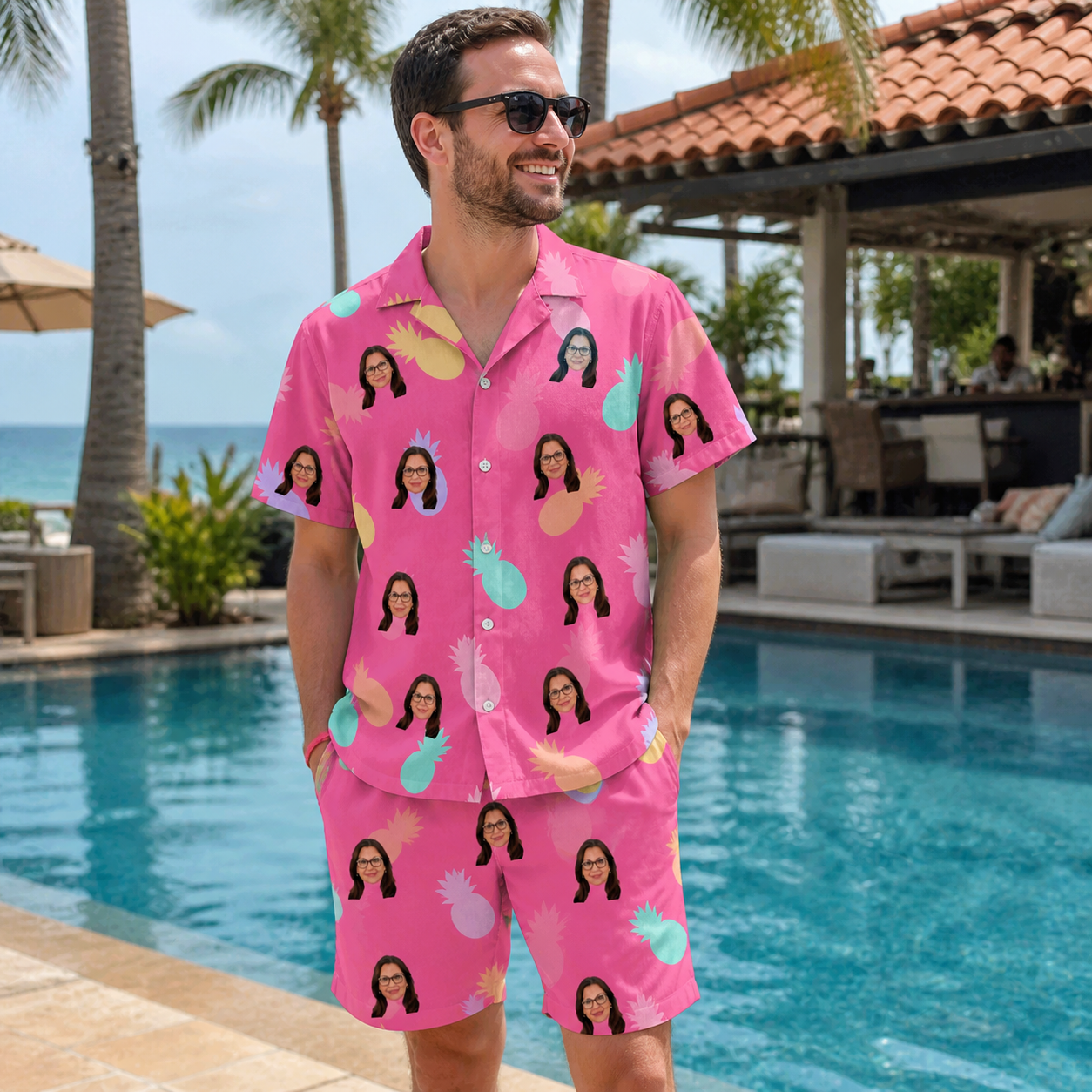 Real-life photo of someone wearing Men's Citrus Splash Custom Face Shirt & Shorts Set — custom faces printed all-over