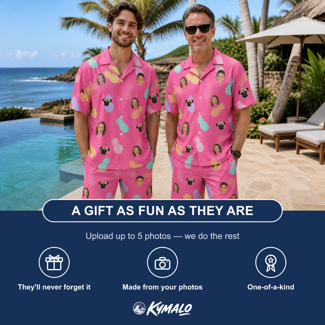 Friends in matching Men's Citrus Splash Custom Face Shirt & Shorts Set — a group gift photo