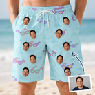 Man wearing Men's Sunny Specs Custom Face Beach Shorts — custom faces printed all-over