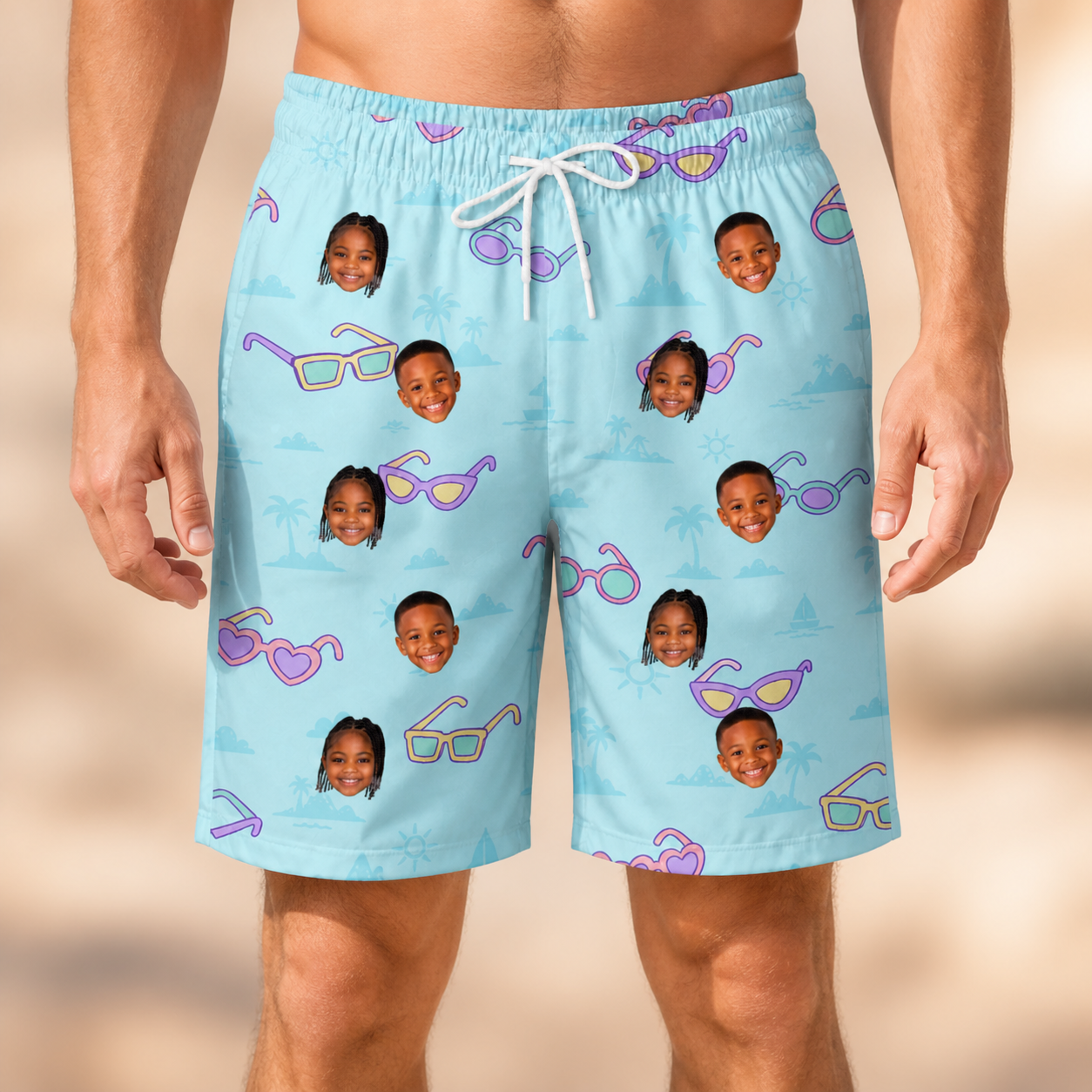Model wearing Men's Sunny Specs Custom Face Beach Shorts printed with kids' faces