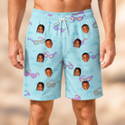 Model wearing Men's Sunny Specs Custom Face Beach Shorts printed with kids' faces