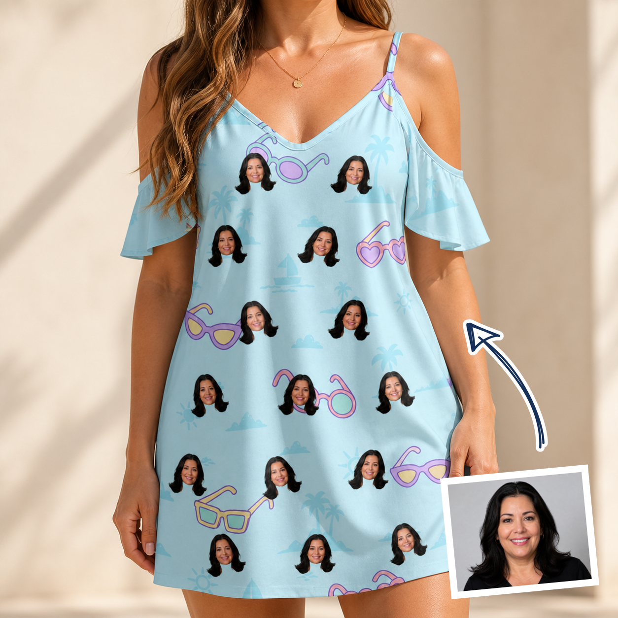 Woman wearing Women's Sunny Specs Custom Face Off-Shoulder Dress — custom faces printed all-over