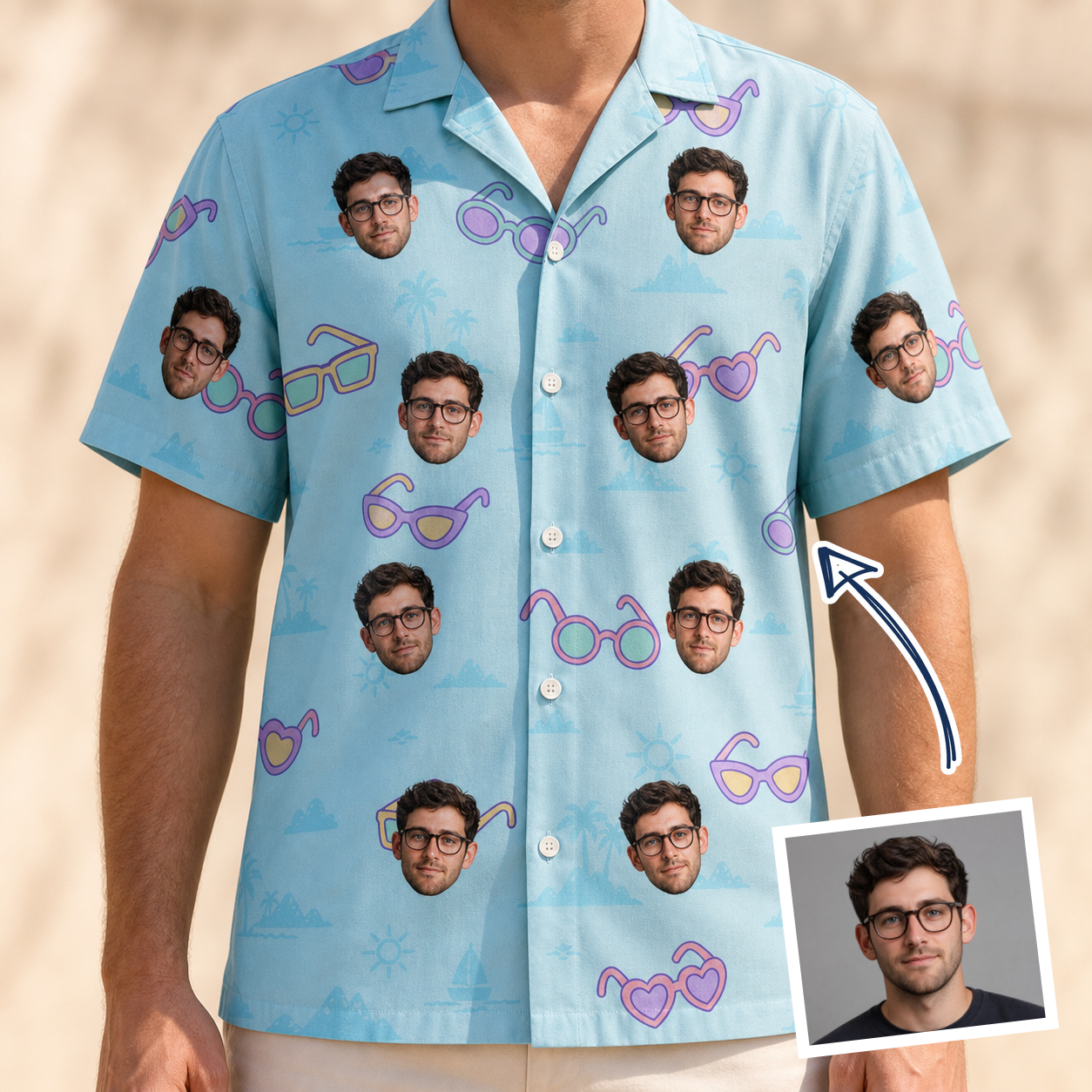 Man wearing Men's Sunny Specs Custom Face Hawaiian Shirt — custom faces printed all-over