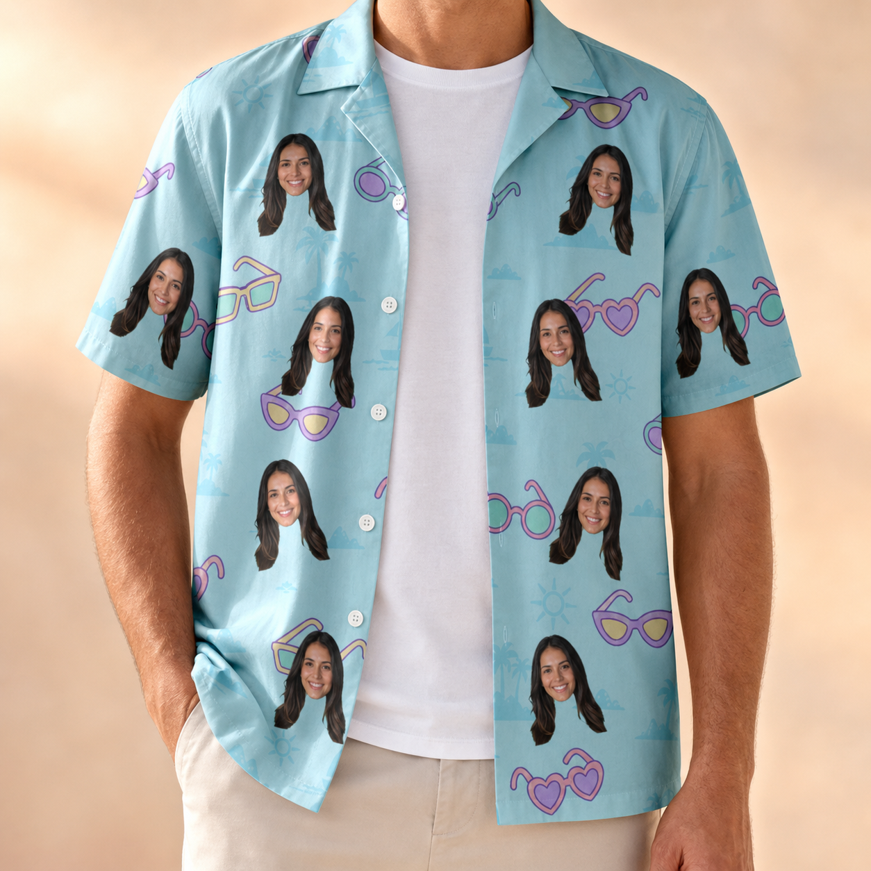 Man wearing Men's Sunny Specs Custom Face Hawaiian Shirt open over a white tee