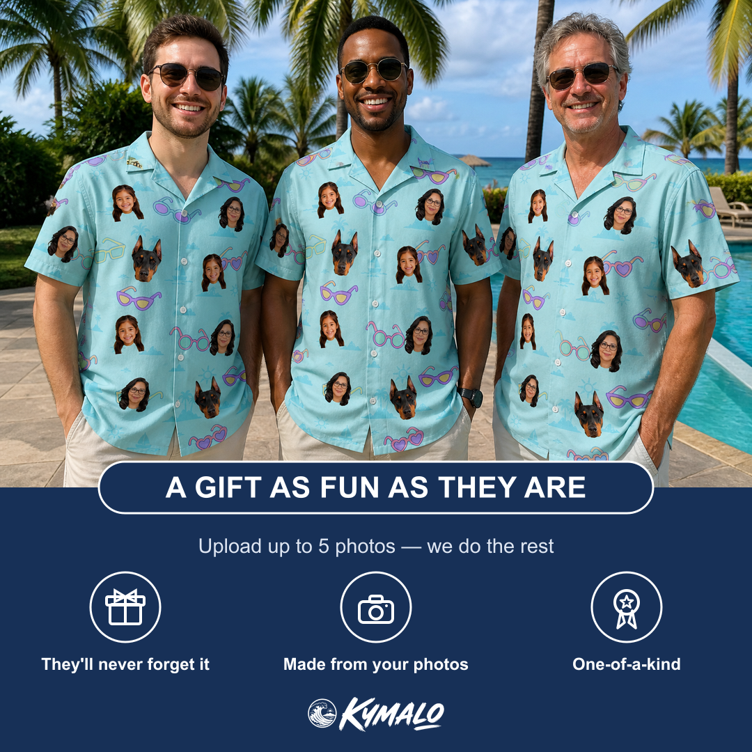 Friends in matching Men's Sunny Specs Custom Face Hawaiian Shirt — a group gift photo
