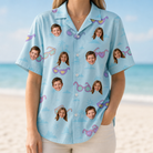 Model wearing Women's Sunny Specs Custom Face Hawaiian Shirt printed with kids' faces