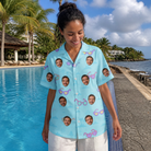 Real-life photo of someone wearing Women's Sunny Specs Custom Face Hawaiian Shirt — custom faces printed all-over