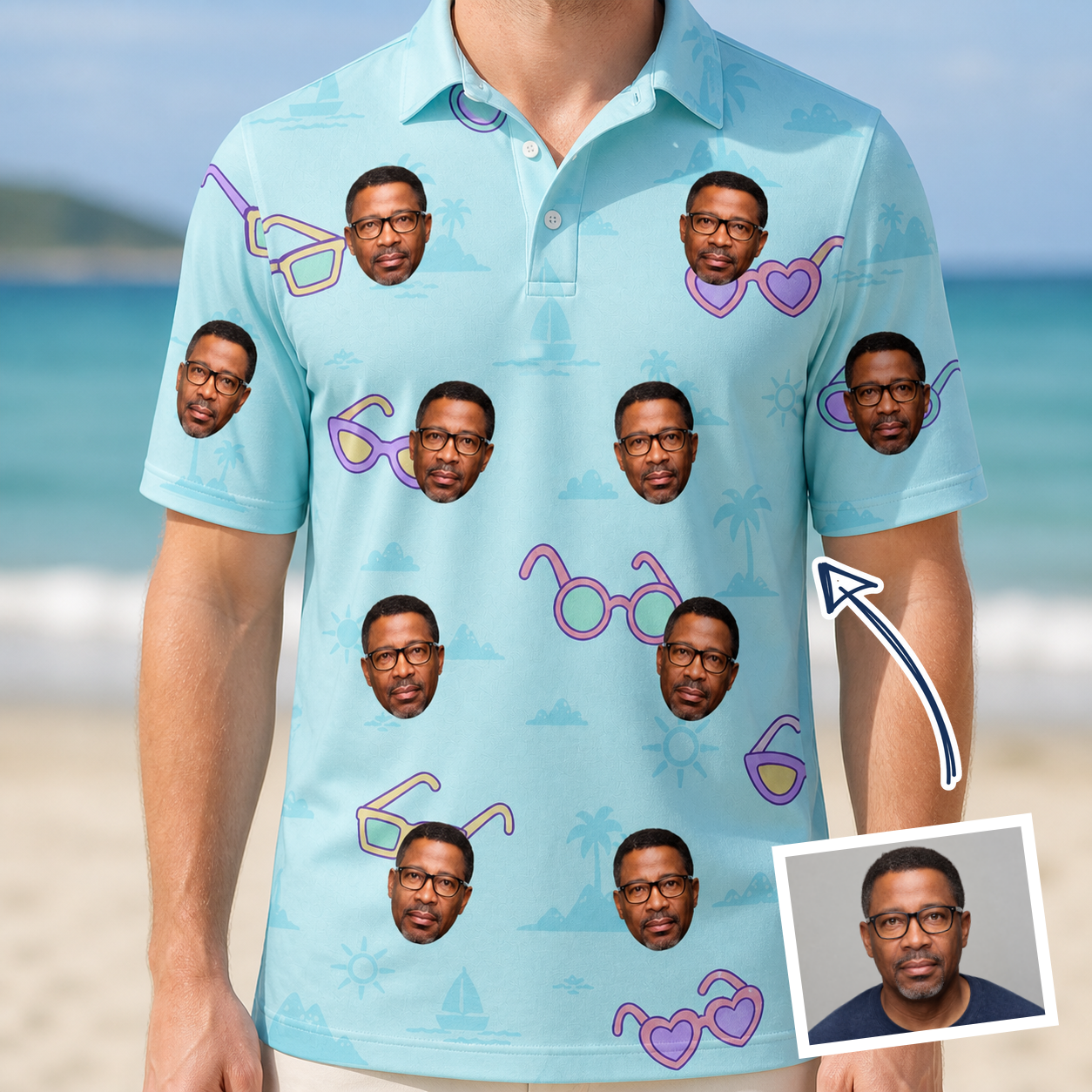 Man wearing Men's Sunny Specs Custom Face Polo Shirt — custom faces printed all-over
