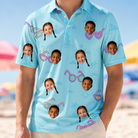 Model wearing Men's Sunny Specs Custom Face Polo Shirt printed with kids' faces