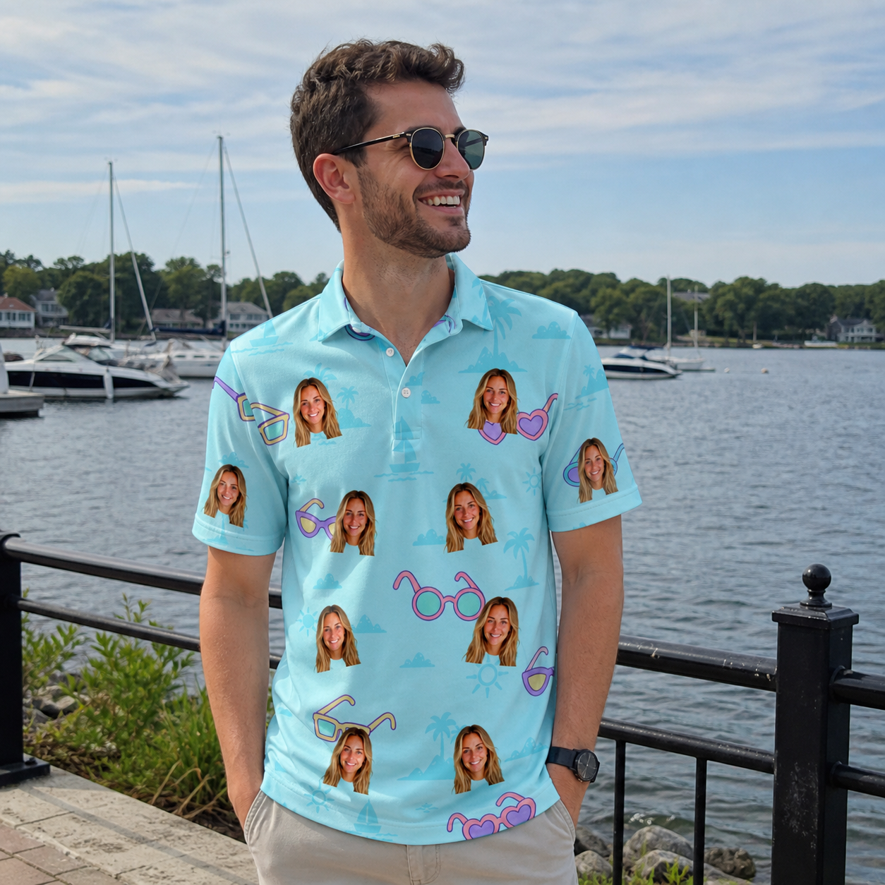Real-life photo of someone wearing Men's Sunny Specs Custom Face Polo Shirt — custom faces printed all-over