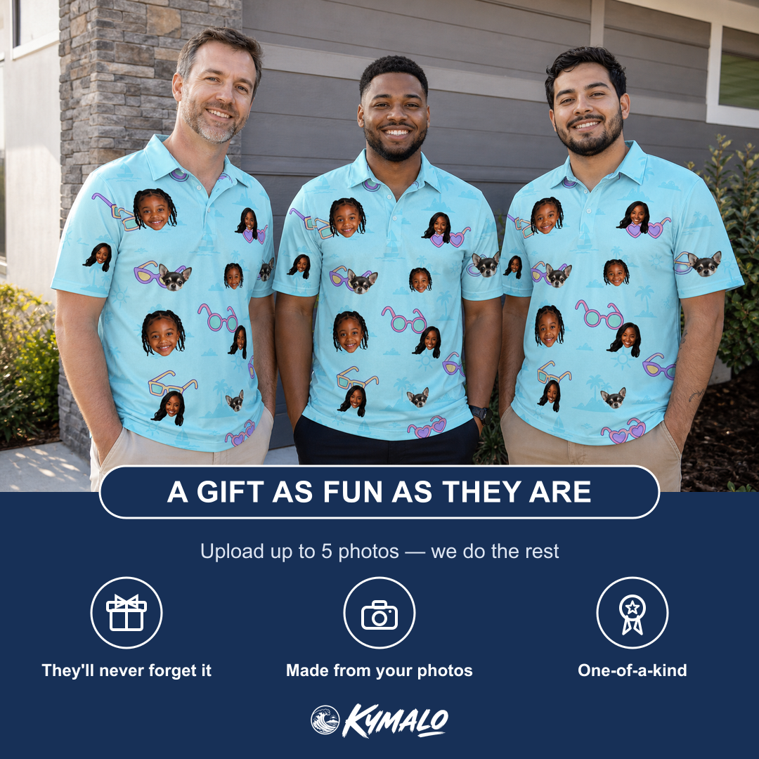 Friends in matching Men's Sunny Specs Custom Face Polo Shirt — a group gift photo