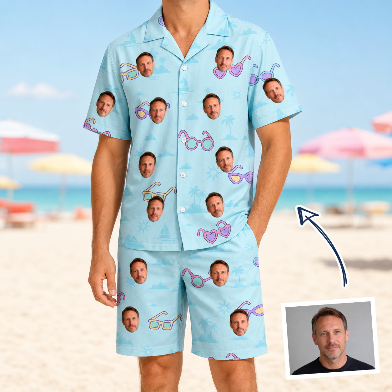 Man wearing Men's Sunny Specs Custom Face Shirt & Shorts Set — custom faces printed all-over