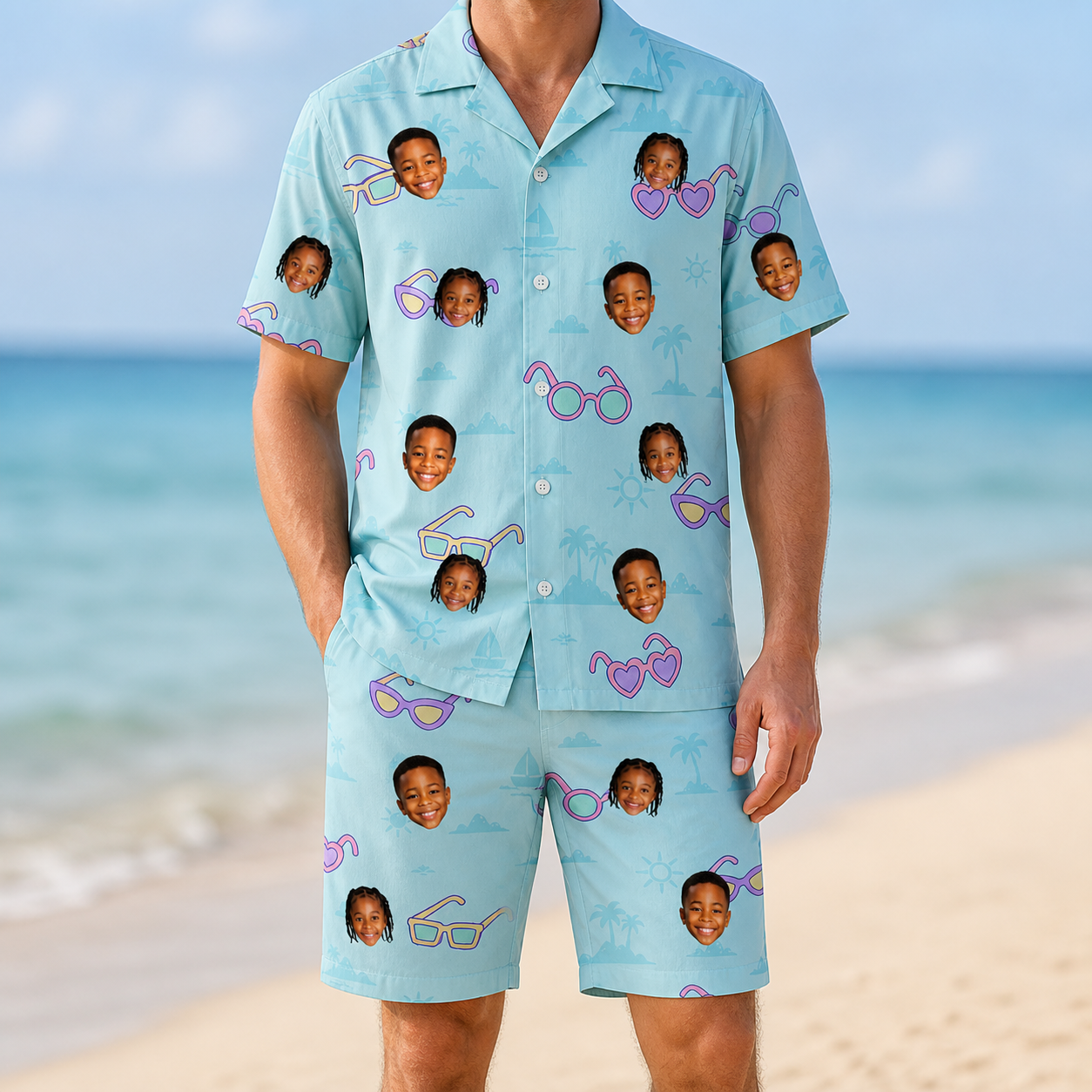 Model wearing Men's Sunny Specs Custom Face Shirt & Shorts Set printed with kids' faces
