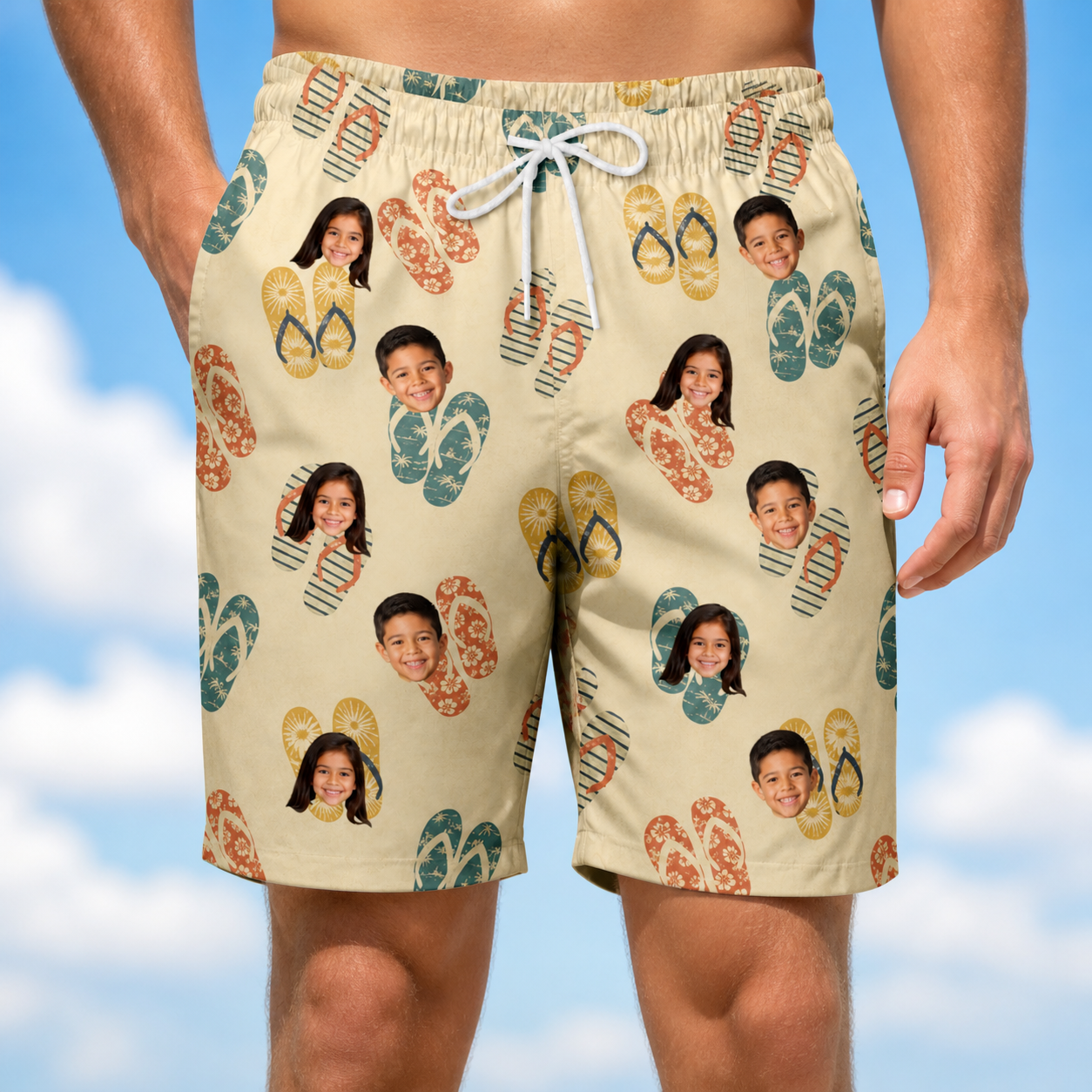 Model wearing Men's Strap Squad Custom Face Beach Shorts printed with kids' faces