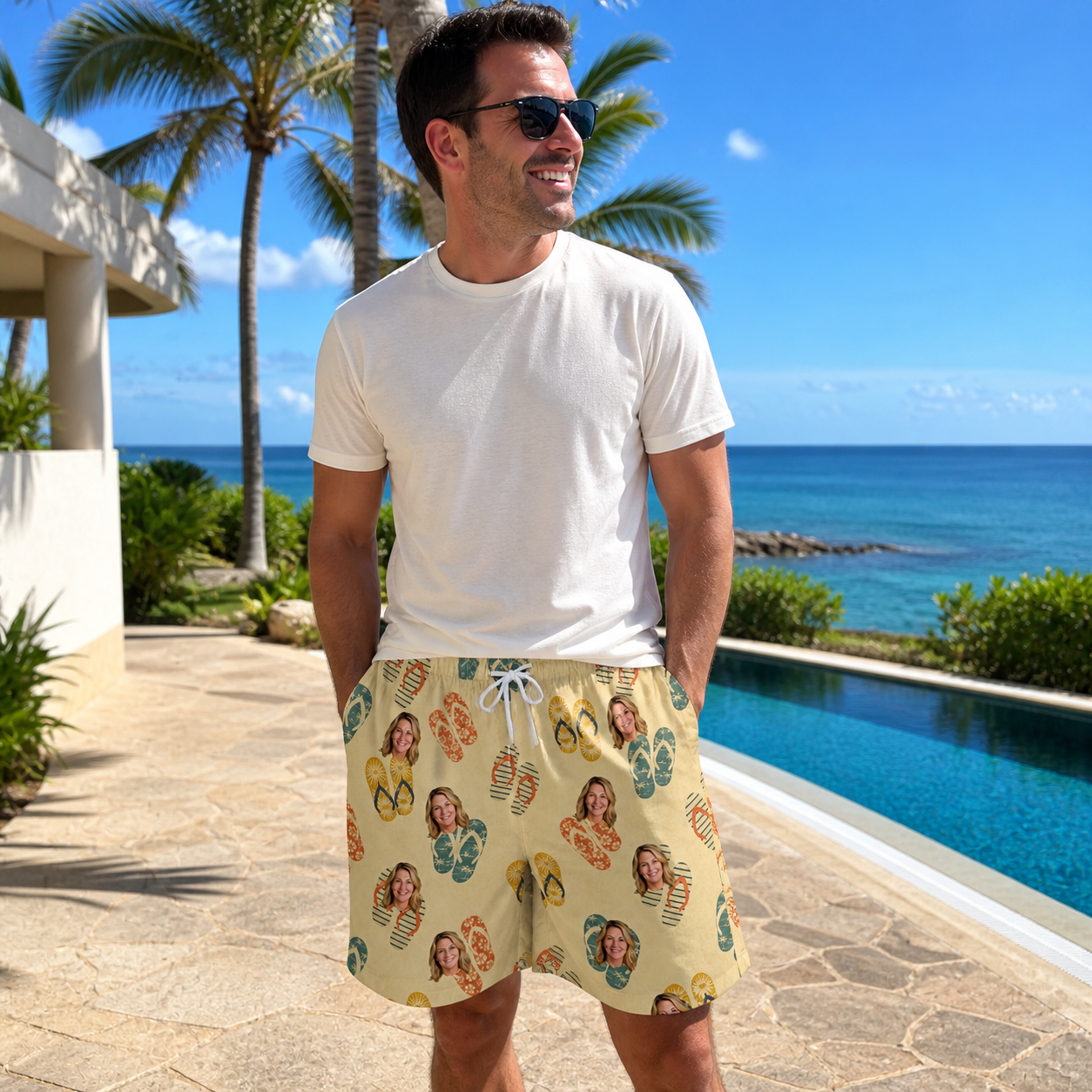 Real-life photo of someone wearing Men's Strap Squad Custom Face Beach Shorts — custom faces printed all-over