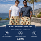 Friends in matching Men's Strap Squad Custom Face Beach Shorts — a group gift photo