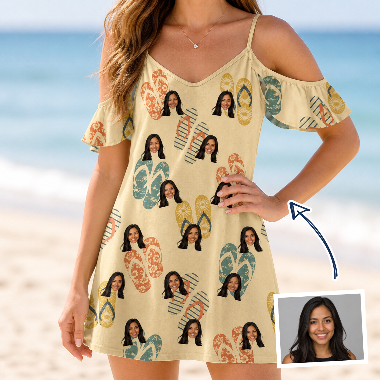 Woman wearing Women's Strap Squad Custom Face Off-Shoulder Dress — custom faces printed all-over