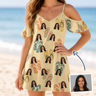 Woman wearing Women's Strap Squad Custom Face Off-Shoulder Dress — custom faces printed all-over