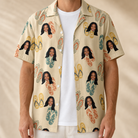 Man wearing Men's Strap Squad Custom Face Hawaiian Shirt open over a white tee
