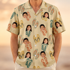 Model wearing Men's Strap Squad Custom Face Hawaiian Shirt printed with kids' faces