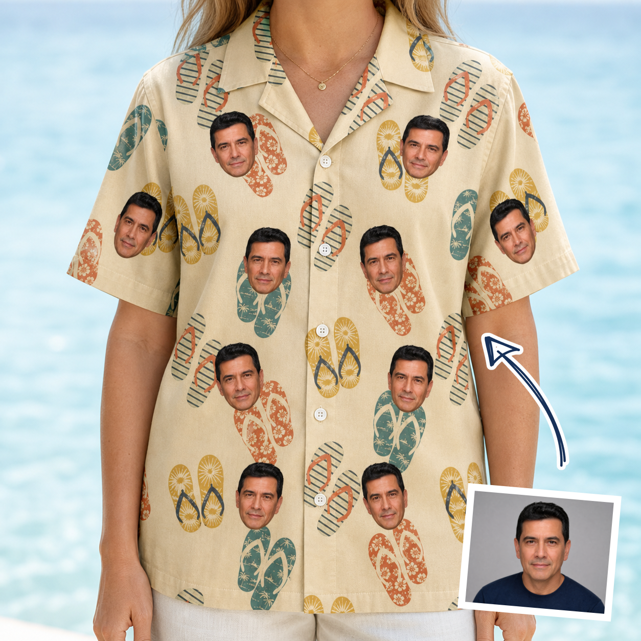 Woman wearing Women's Strap Squad Custom Face Hawaiian Shirt — custom faces printed all-over