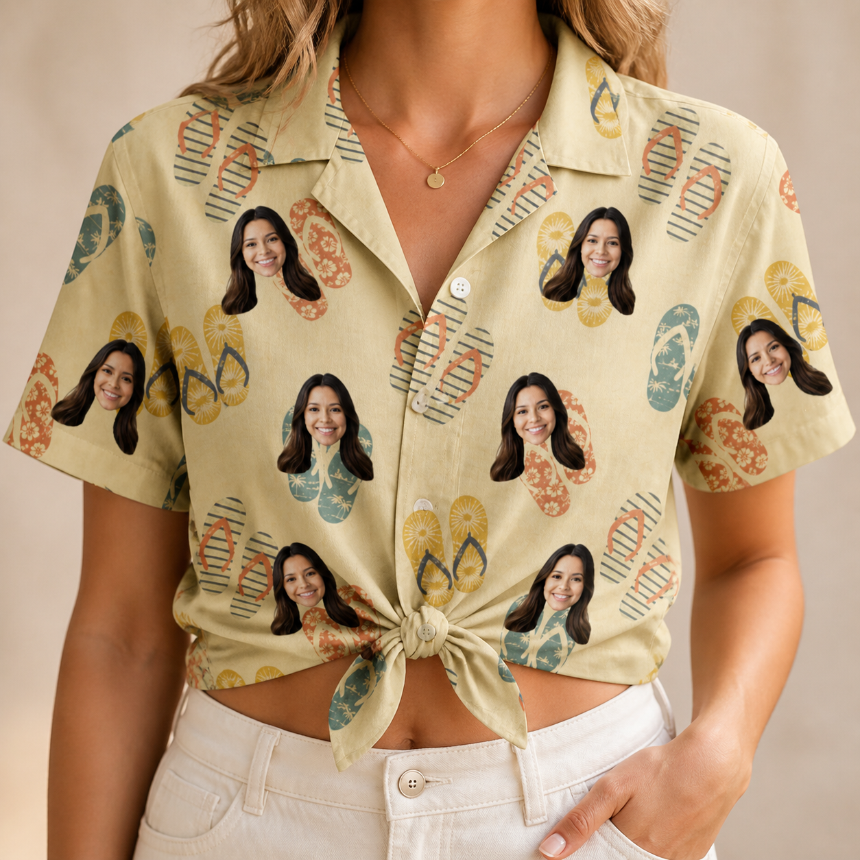 Woman wearing Women's Strap Squad Custom Face Hawaiian Shirt tied at the waist