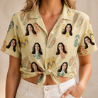 Woman wearing Women's Strap Squad Custom Face Hawaiian Shirt tied at the waist