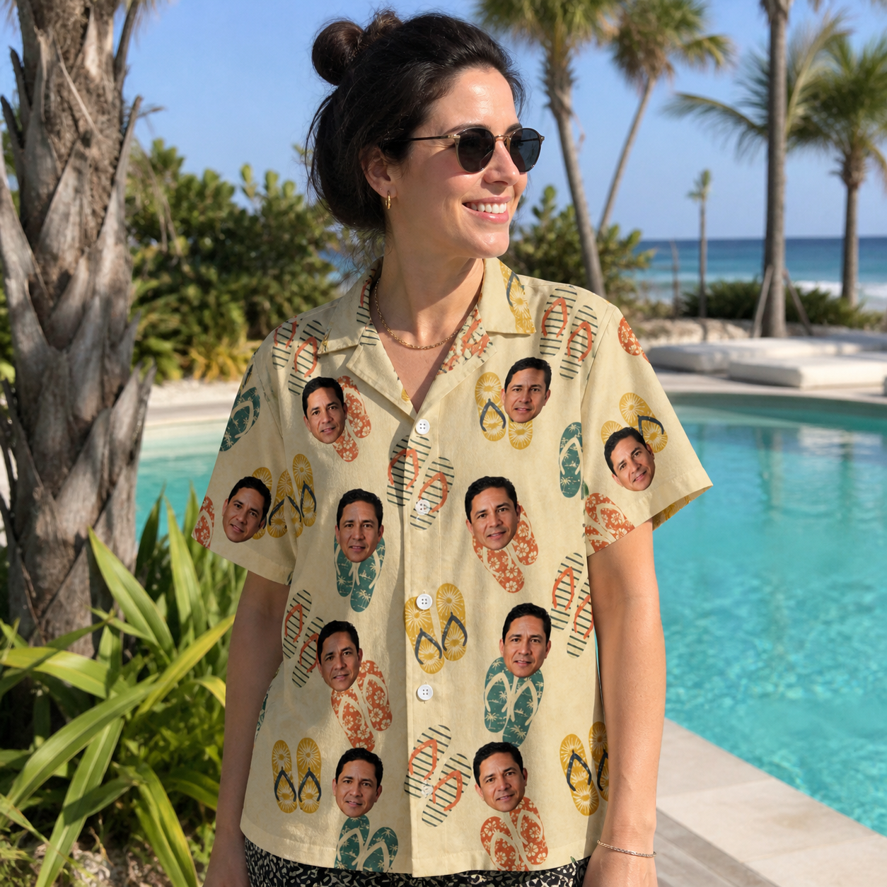 Real-life photo of someone wearing Women's Strap Squad Custom Face Hawaiian Shirt — custom faces printed all-over
