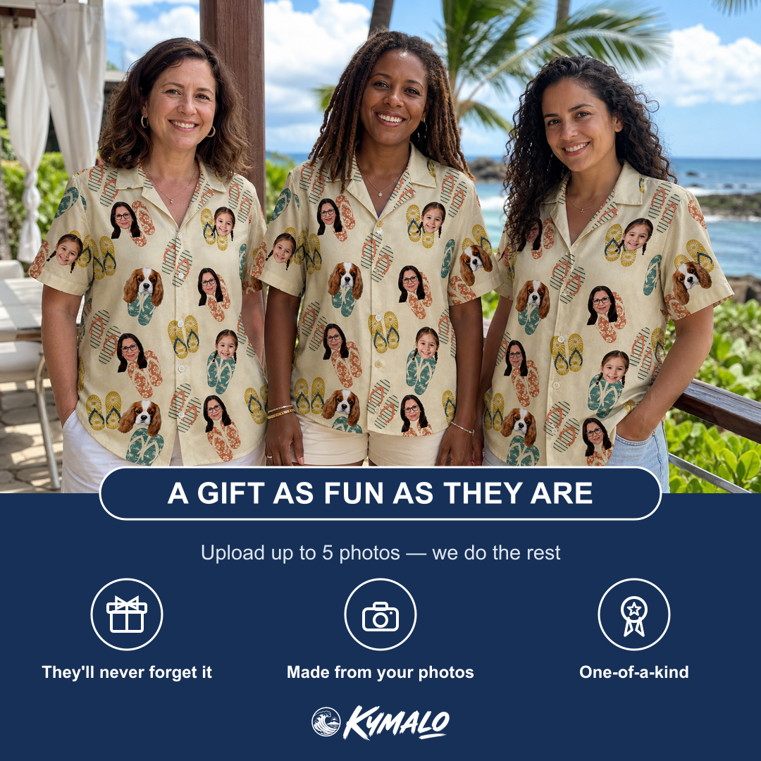 Friends in matching Women's Strap Squad Custom Face Hawaiian Shirt — a group gift photo