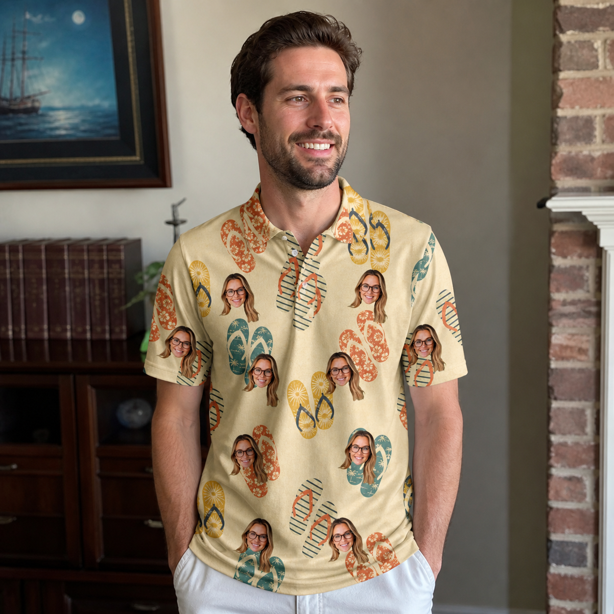 Real-life photo of someone wearing Men's Strap Squad Custom Face Polo Shirt — custom faces printed all-over