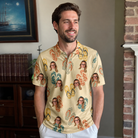 Real-life photo of someone wearing Men's Strap Squad Custom Face Polo Shirt — custom faces printed all-over