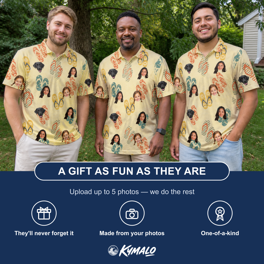Friends in matching Men's Strap Squad Custom Face Polo Shirt — a group gift photo