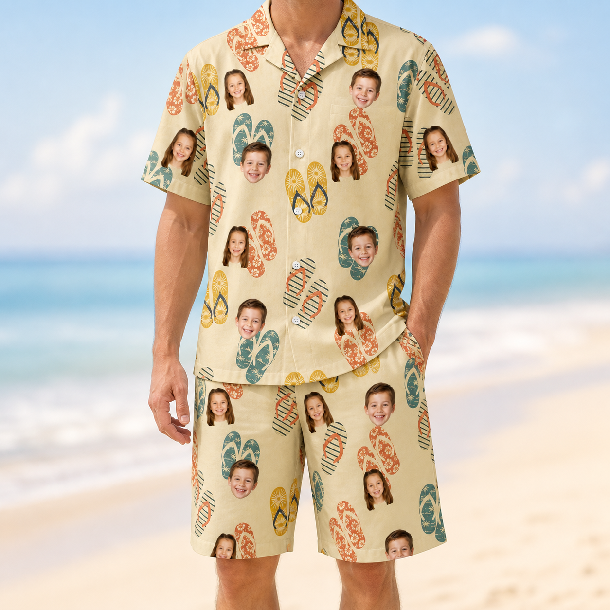 Model wearing Men's Strap Squad Custom Face Shirt & Shorts Set printed with kids' faces