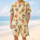 Model wearing Men's Strap Squad Custom Face Shirt & Shorts Set printed with kids' faces