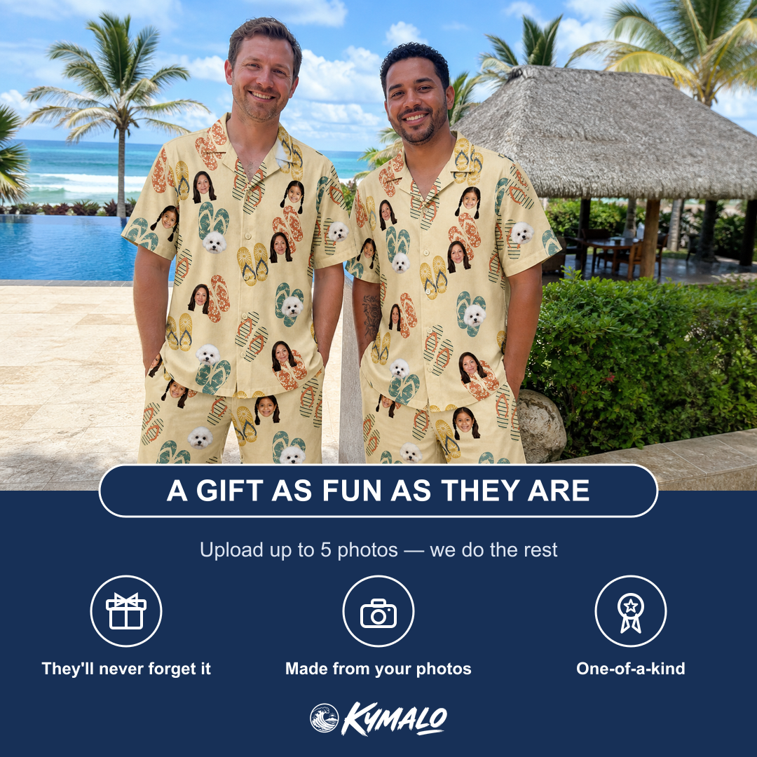 Friends in matching Men's Strap Squad Custom Face Shirt & Shorts Set — a group gift photo