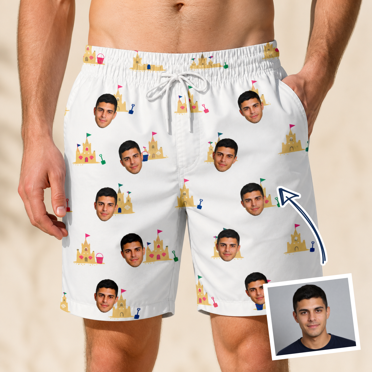 Man wearing Men's Dune Dynasty Custom Face Beach Shorts — custom faces printed all-over
