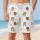 Model wearing Men's Dune Dynasty Custom Face Beach Shorts printed with kids' faces