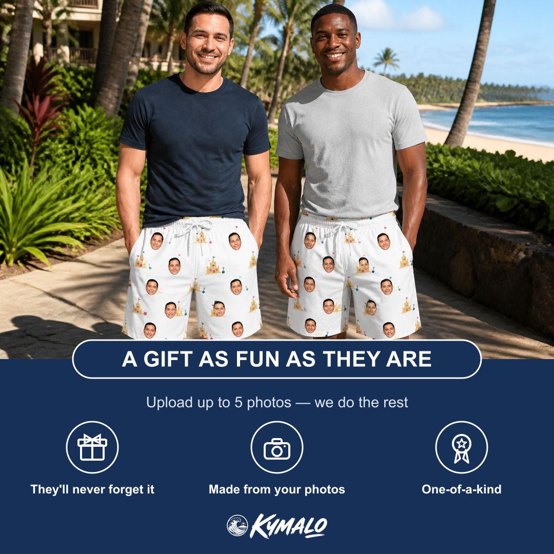 Friends in matching Men's Dune Dynasty Custom Face Beach Shorts — a group gift photo