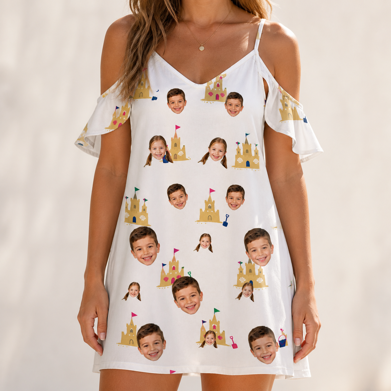 Model wearing Women's Dune Dynasty Custom Face Off-Shoulder Dress printed with kids' faces