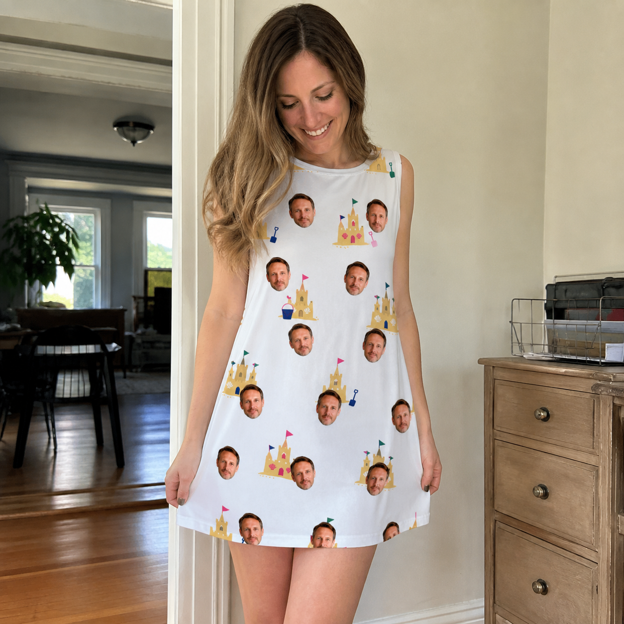 Real-life photo of someone wearing Women's Dune Dynasty Custom Face Tank Dress — custom faces printed all-over