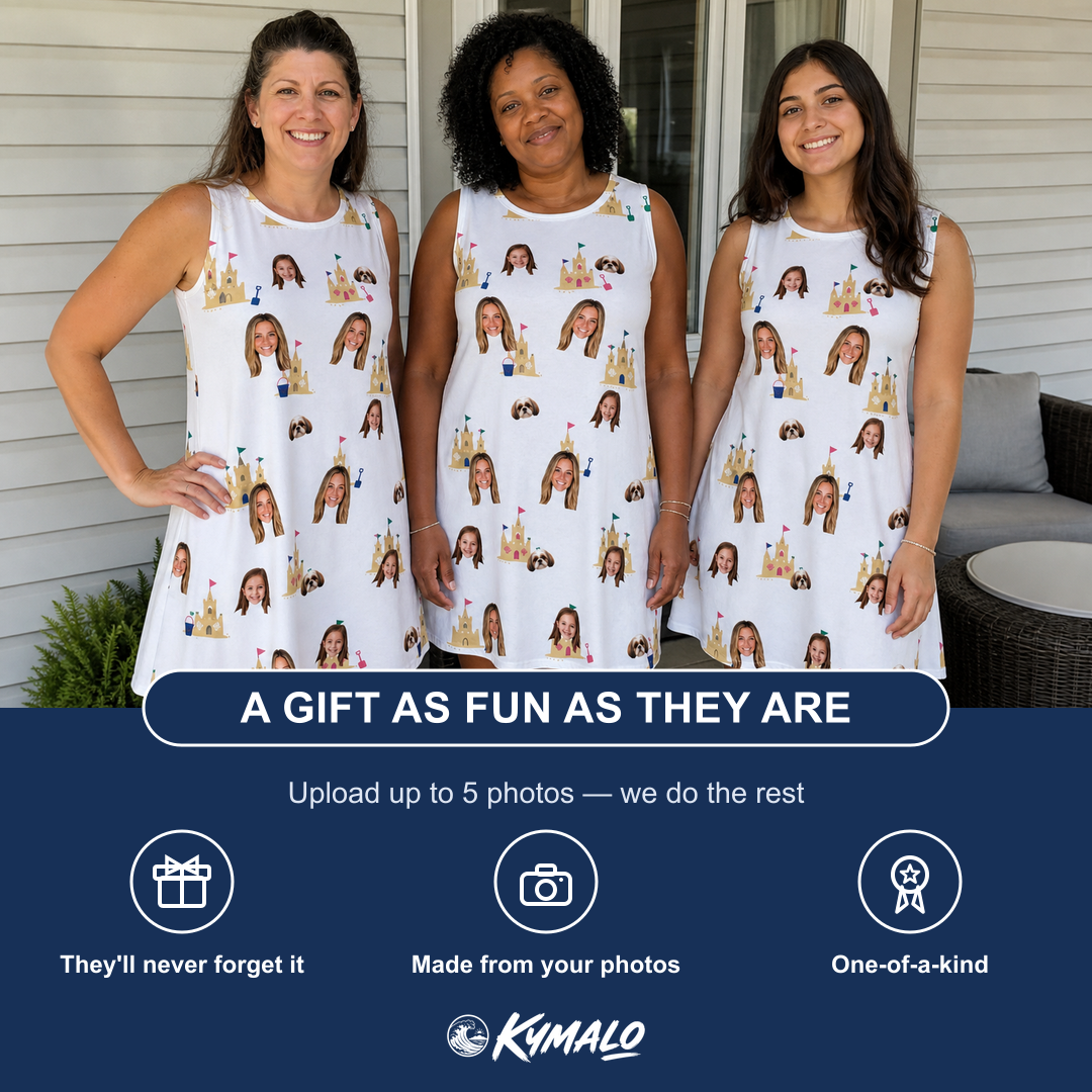Friends in matching Women's Dune Dynasty Custom Face Tank Dress — a group gift photo