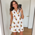 Real-life photo of someone wearing Women's Dune Dynasty Custom Face V-Neck Dress — custom faces printed all-over