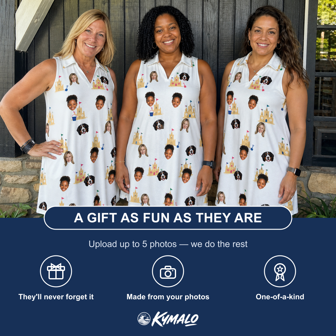 Friends in matching Women's Dune Dynasty Custom Face V-Neck Dress — a group gift photo