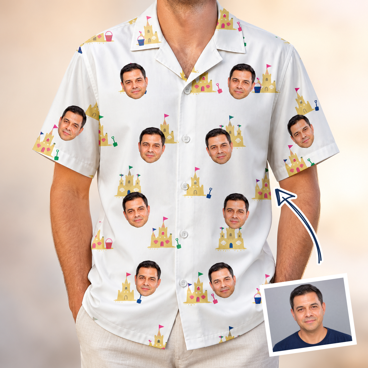 Man wearing Men's Dune Dynasty Custom Face Hawaiian Shirt — custom faces printed all-over