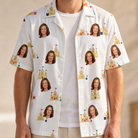 Man wearing Men's Dune Dynasty Custom Face Hawaiian Shirt open over a white tee