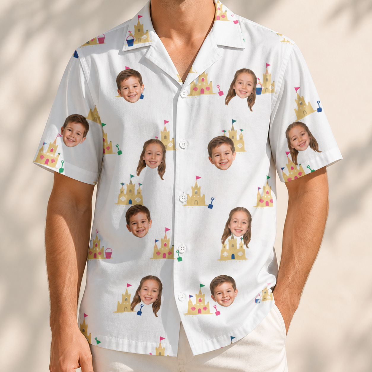 Model wearing Men's Dune Dynasty Custom Face Hawaiian Shirt printed with kids' faces