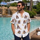 Real-life photo of someone wearing Men's Dune Dynasty Custom Face Hawaiian Shirt — custom faces printed all-over