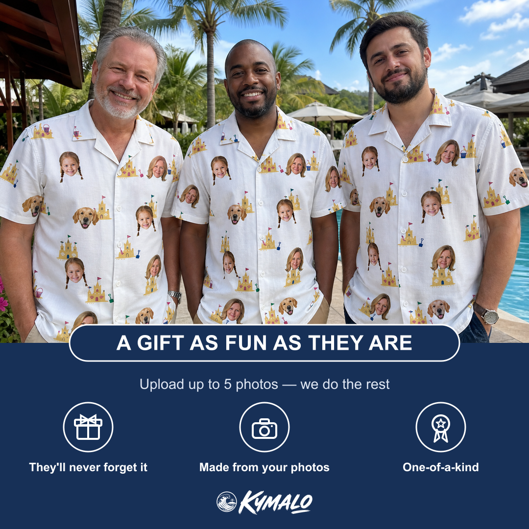 Friends in matching Men's Dune Dynasty Custom Face Hawaiian Shirt — a group gift photo