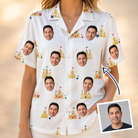 Woman wearing Women's Dune Dynasty Custom Face Hawaiian Shirt — custom faces printed all-over